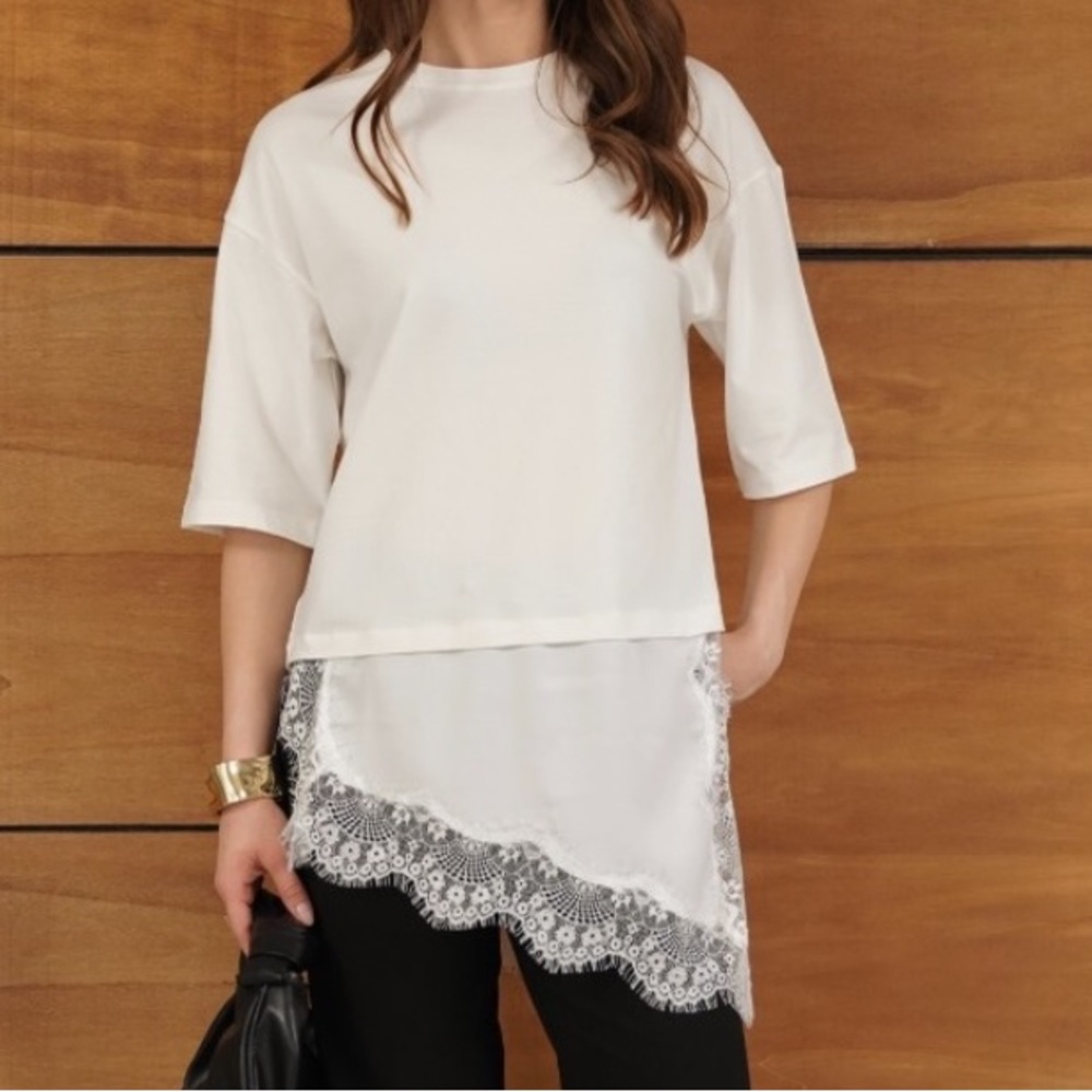White Lace-Hem Asymmetrical Layered T Shirt